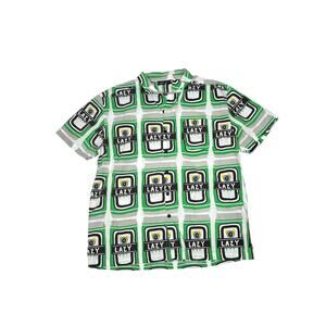 Lazy Oaf Beer Can Print Short Sleeve Button Down Cotton Shirt M Green